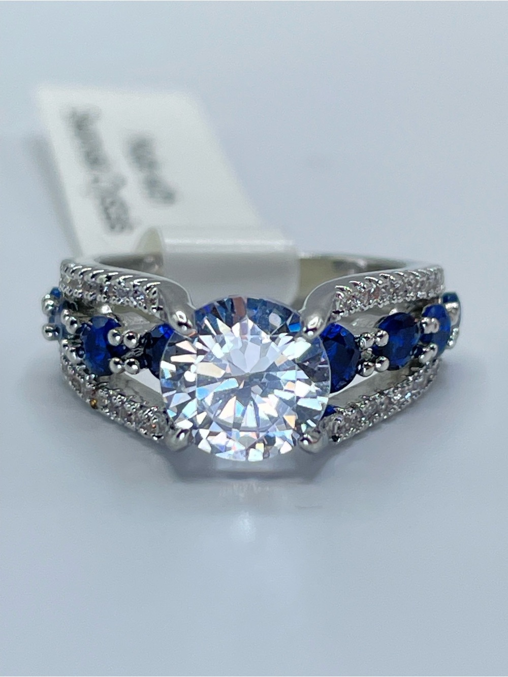 Swarovski Crystal Elements White & Sapphire Blue Crystal Engagement Ring Sz 6